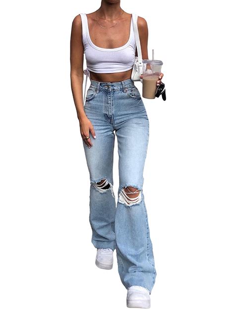 Niuer Women High Waist Retro Bell Bottom Jeans Ripped Denim Flare Trousers Pants Ladies Fit