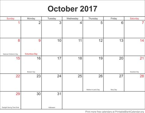 October 2017 Calendar Printable Calendar