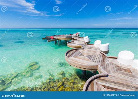 Maldives Loungers And Wooden Pathway And Sea View Relaxing Maldives
