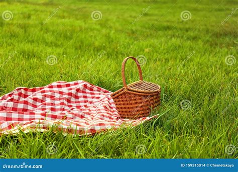 Picnic Blanket And Basket On Grass Stock Photo Image Of Meadow