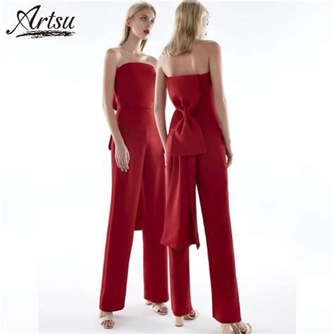 Artsu Sexy Red Strapless Jumpsuits Evening Party 2018 Summer New Sashes Sleeveless Jumpsuits Hot
