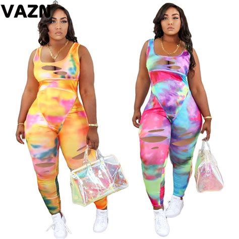 Vazn New Arrival 2020 Sexy Lady 2 Colors Tie Dyes Long Jumpsuit Sleeveless Square Neck Hole