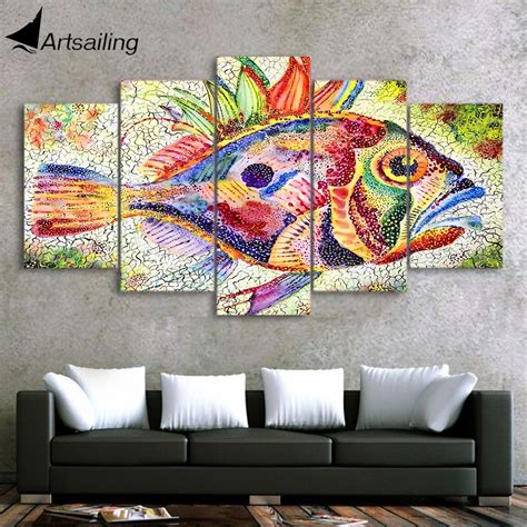 Artsailing Hd Print 5 Piece Canvas Art Abstract Colorful Fish Home