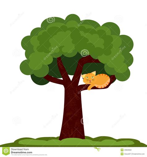 Small kitten got her playing ball stuck. A Cat on a tree stock vector. Illustration of branch ...