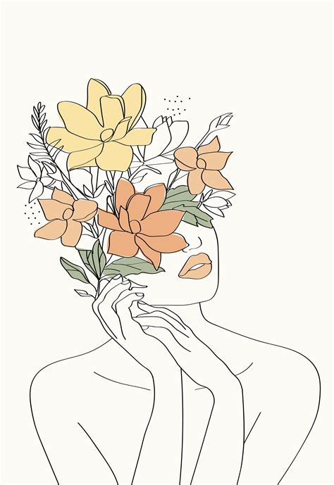 Minimal Line Art Woman With Flowers F