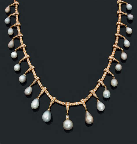 An Antique Gold Diamond And Pearl Necklace French 19th Century