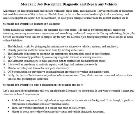 Automotive Mechanic Job Description Template Hajvyrdi