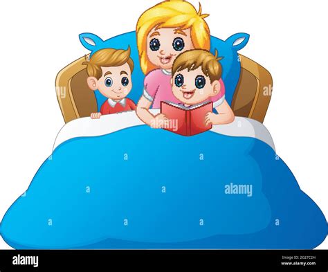 Cartoon Mother Reading Bedtime Story To Her Child On Bed Stock Vector
