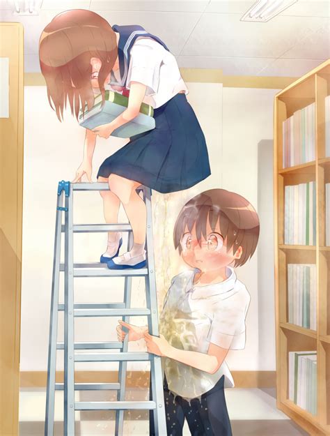 M Original Highres Boy Girl Blush Book Bookshelf Brown Hair Golden Shower Indoors