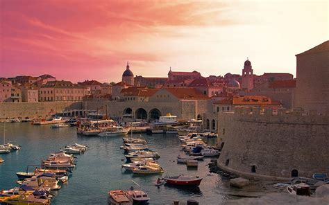 Dubrovnik Bay Boats Sunset Fortress Dubrovnik Cityscape Croatia