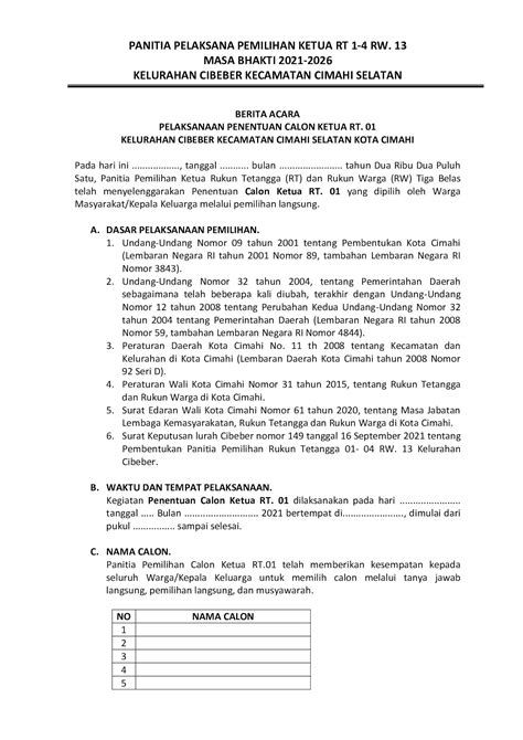 Surat Berita Acara Pemilihan Ketua Rt Berita Acara Pemungutan Dan