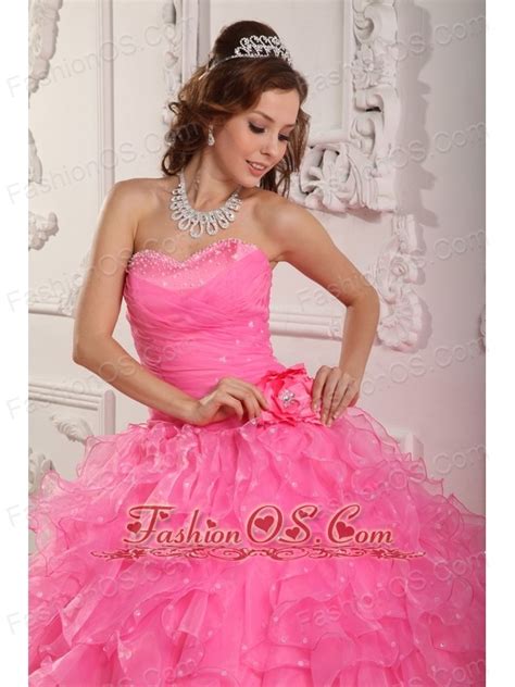 Romantic Rose Pink Quinceanera Dress Sweetheart Organza Beading Ball Gown