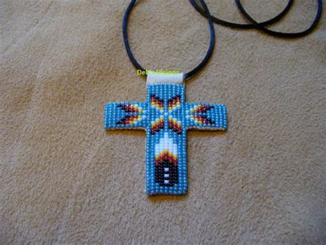 Square Stitch Beaded Native American Inspired Cross Necklace In Mallard