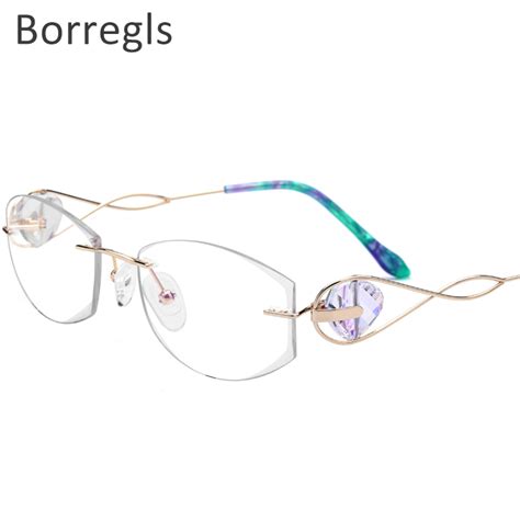 Borregls Wire Titanium Rimless Glasses Women Ultralight Luxury Eyeglasses Frame Diamond Trimming