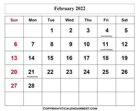 Free Printable February Calendar 2022 With Holidays