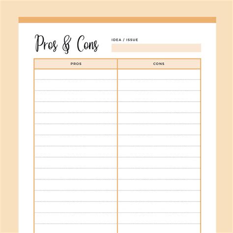 Printable Pros And Cons List Instant Download Pdf A4 And Us Letter