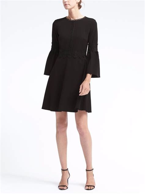 banana republic black bell sleeve fit and flare dress with lace trim 10 bananarepublic