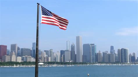 Usa Flag Chicago Skyline Copyright Free Stock Footage Video Clip