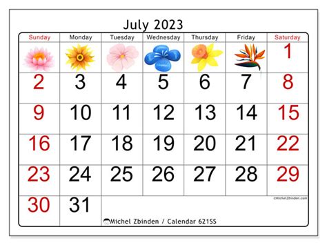 Calendar July 2023 Flowers Ss Michel Zbinden Gy