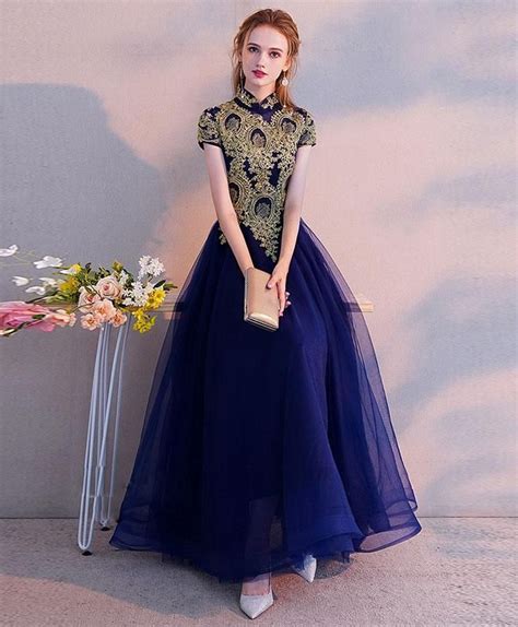 Blue High Neck Lace Tulle Tea Length Prom Dress Tulle Evening Dress