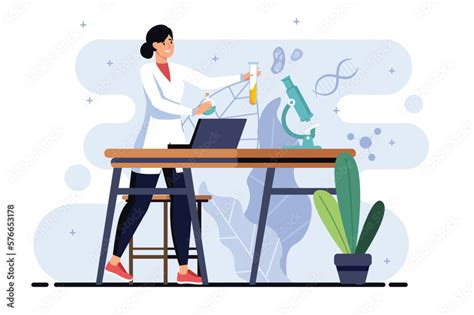 Science Lab Minimalistic Concept With People Scene In The Flat Cartoon Design Babe Scientist