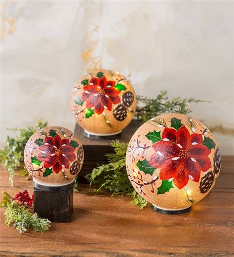 Lighted Glass Poinsettia Holiday Globes Set Of 3 Wind And Weather