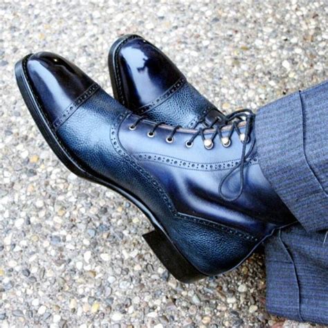 Mens Handmade Blue Two Tone Ankle High Rounded Cap Toe Leather Lace Up