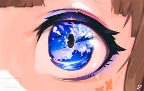An Anime Eye With Clouds And Stars In The Iris As If It Were Looking