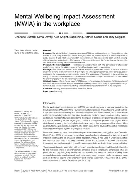 Pdf Mental Wellbeing Impact Assessment Mwia In The Workplace