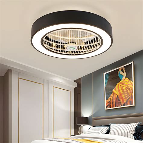 6 Blades Black Led Ceiling Fan Lamp Contemporary Metal Drum Semi Flush