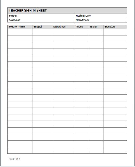 Teacher Attendance Sheet Microsoft Word Templates