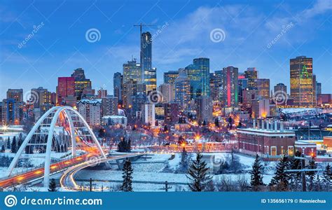 Edmonton Downtown Skyline Just After Sunset In The Winter