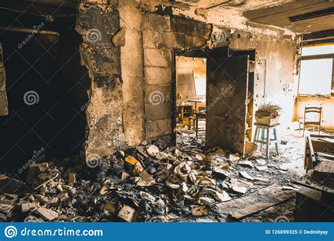 Burned House Interior After Fire Ruined Building Room Inside Disaster