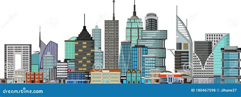 Beautiful Landscape Town With Tall Buildings Cartoon Vector