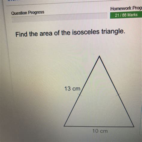 A= ½ × a2, where a = side length of the two equal sides. area of isosceles triangle with side 13cm base 10cm ...
