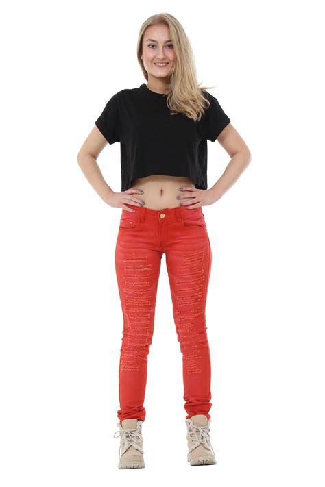 Low Rise Ripped Jeans With Diamante Detail Skinny Fit Red Glamour Outfitters