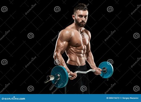 Muscular Man Lifting Weights Over Dark Background Stock Photo Image