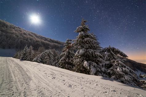 The Majestic Starry Sky Over The Winter Mountain Landscape Night Scene