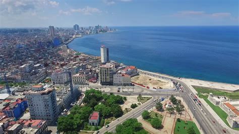 Aerial View Caribbean Sea Old Havana Cuba Drone Flying Stock Video