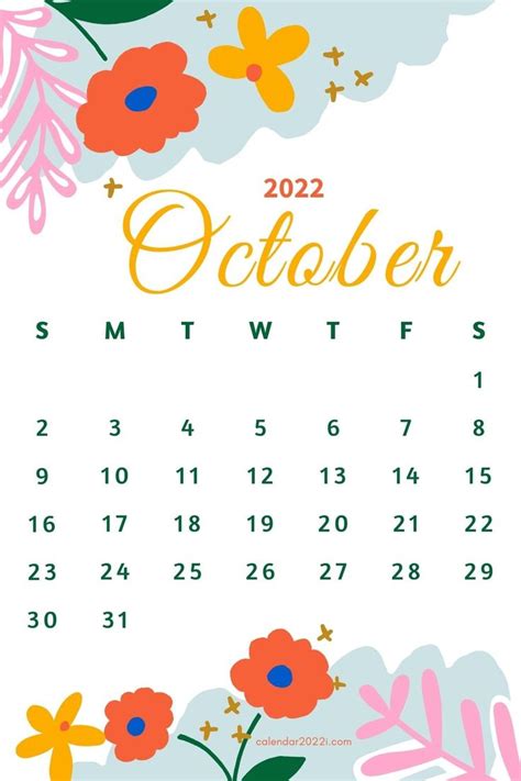 Floral October 2022 Calendar With Beautiful Flowers In 2021 Flower