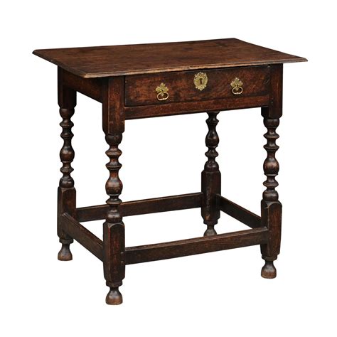 William And Mary Style 1800s Oak Side Table With Trumpet Legs And Three