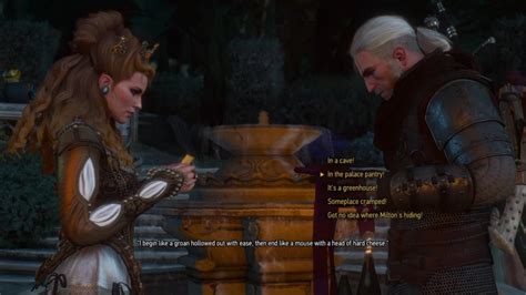 Use the witcher senses to examine the wall behind it and you will find the riddle solution. The Duchess' Riddle in the Japanese Version of Witcher 3 « Legends of Localization