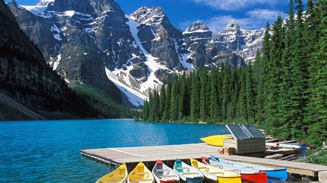 Download Wallpaper 1920x1080 Moraine Lake Boats Canada Multi Colored