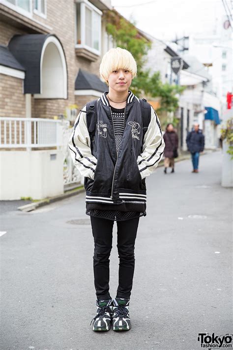 Blonde Harajuku Guy W Sukajan Jacket Sweater Skinny Pants And Sneakers Tokyo Fashion