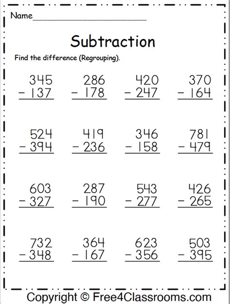 Free Subtraction Worksheet - Regrouping - Page 2 Answer Key