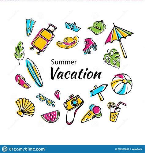 Summer Vacation Doodle Clipart Colored Sketchy Objects Stock Vector