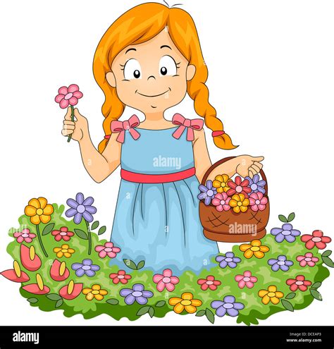 Illustration Of Little Kid Girl With Basketful Of Flowers Picking