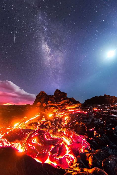 a meteor the milky way the moon and the lava flow together album on imgur amazing nature
