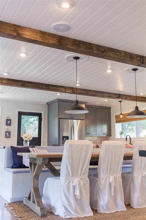 Fill nail holes and touch up paint. Kitchen Plank Ceiling Inspiration - Chatfield Court