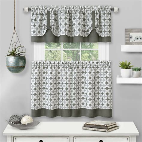 Kate Aurora Modern Geo 3 Pc Kitchen Curtain Tier And Valance Set Gray 63 In Long